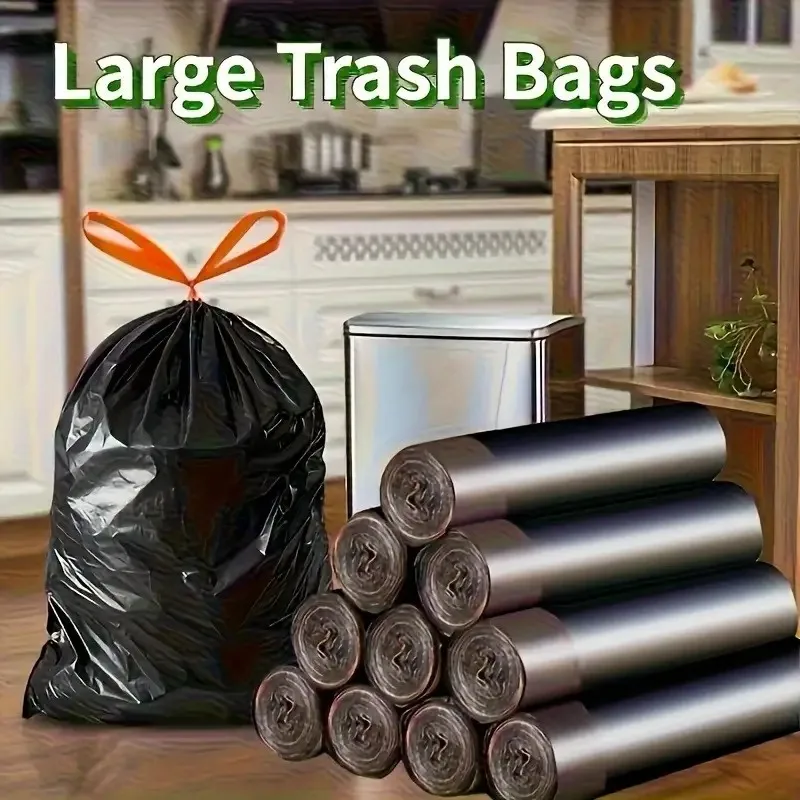 1/5 Rolls Thick Black Leak-Proof Drawstring Trash Bags - Durable Vinyl Easy-Seal for Bathroom/Kitchen/Outdoor/Restaurant/Hotel