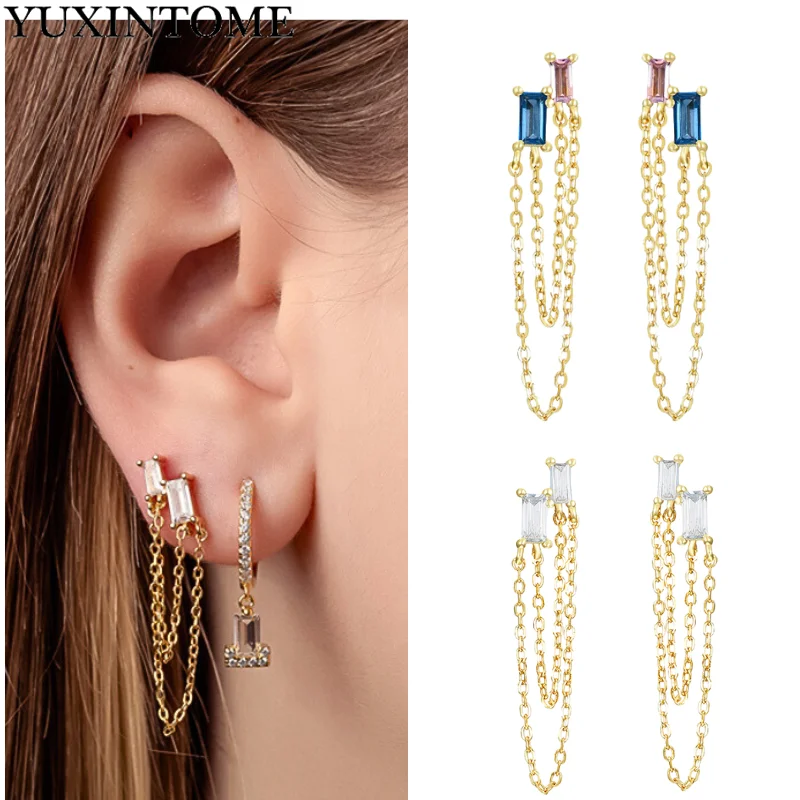 Vintage metal 925 Sterling Silver Ear Needle Square Zircon Tassel Chain studs Earrings for women Luxury Fashion Wedding Jewelry