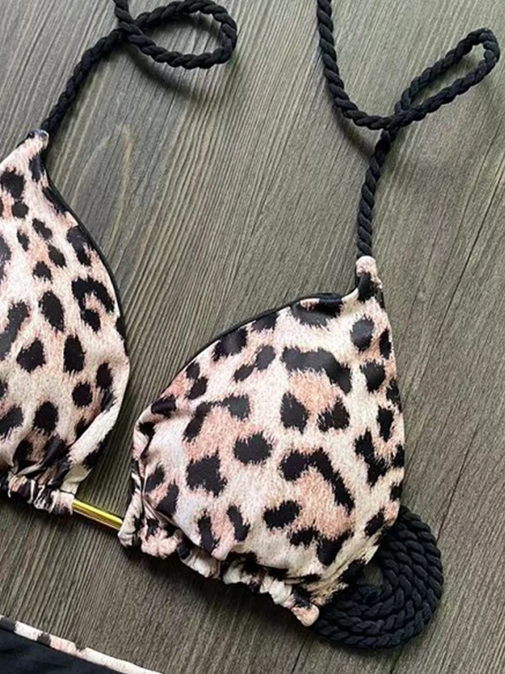 2026 Sexy Leopard Print Swimwear Women'S Split Bikini Set Woven Rope Strap Fringe Beach Women'S Two-Piece Swimsuit Bathing Suit - Image 4