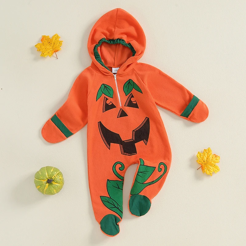 Newborn Baby Boys Girls Halloween Pumpkin Costume Winter Warm Long Sleeve Hooded Romper Footies Cute Warm Infant Jumpsuit