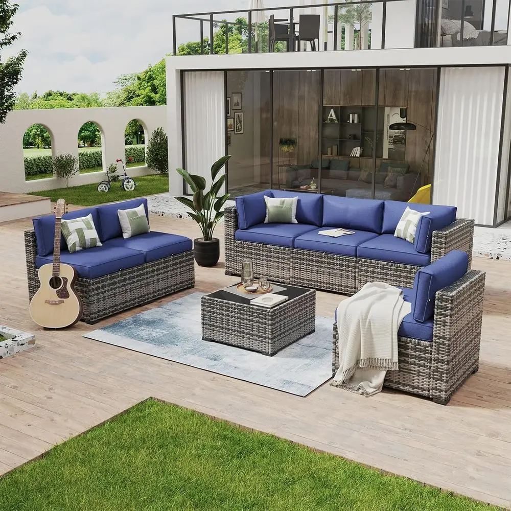 

7-Piece Outdoor Wicker Patio Furniture Set with Sectional Sofa, Coffee Table, and Waterproof Cushions in Gray/Blue