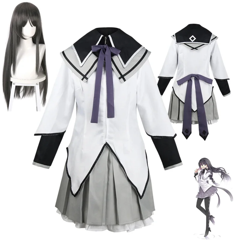 2025 New Ainime Puella Magi Madoka Magica Costumes Akemi Homura Cosplay Skirt Jk Uniform with Bowknots Wig Halloween AA