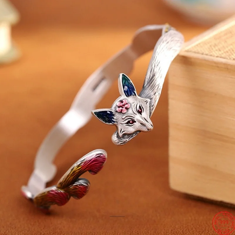 

S999 Sterling Silver Bracelet for Women New Fashion Relief Cloisonne Nine-tails-fox Bangle Ethnic Style Jewelry Free Shipping