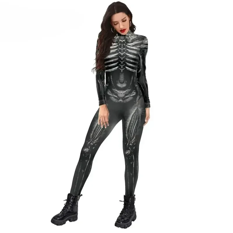 Halloween Skeleton Costume Bodysuit 3D Stretch Skinny Jumpsuit Womens Rompers Party Zentai Outfit Catsuit