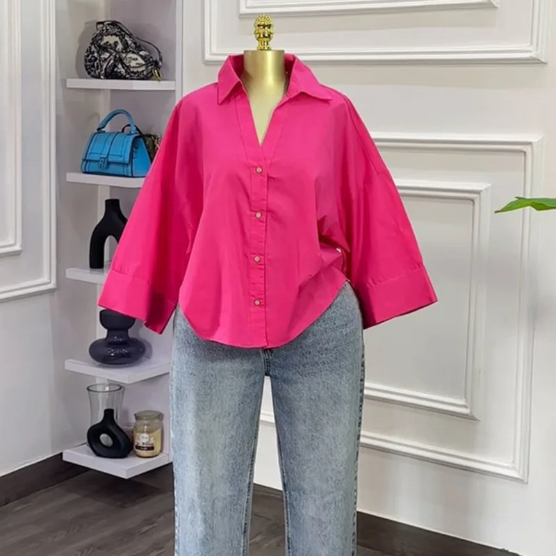 بلوزات قميص نسائي بياقة مقلوبة وأكمام كاملة مخطط Y2k ملابس الشارع الشهير قمصان أنيقة لصق عمل فضفاض غير رسمي لخريف 2025