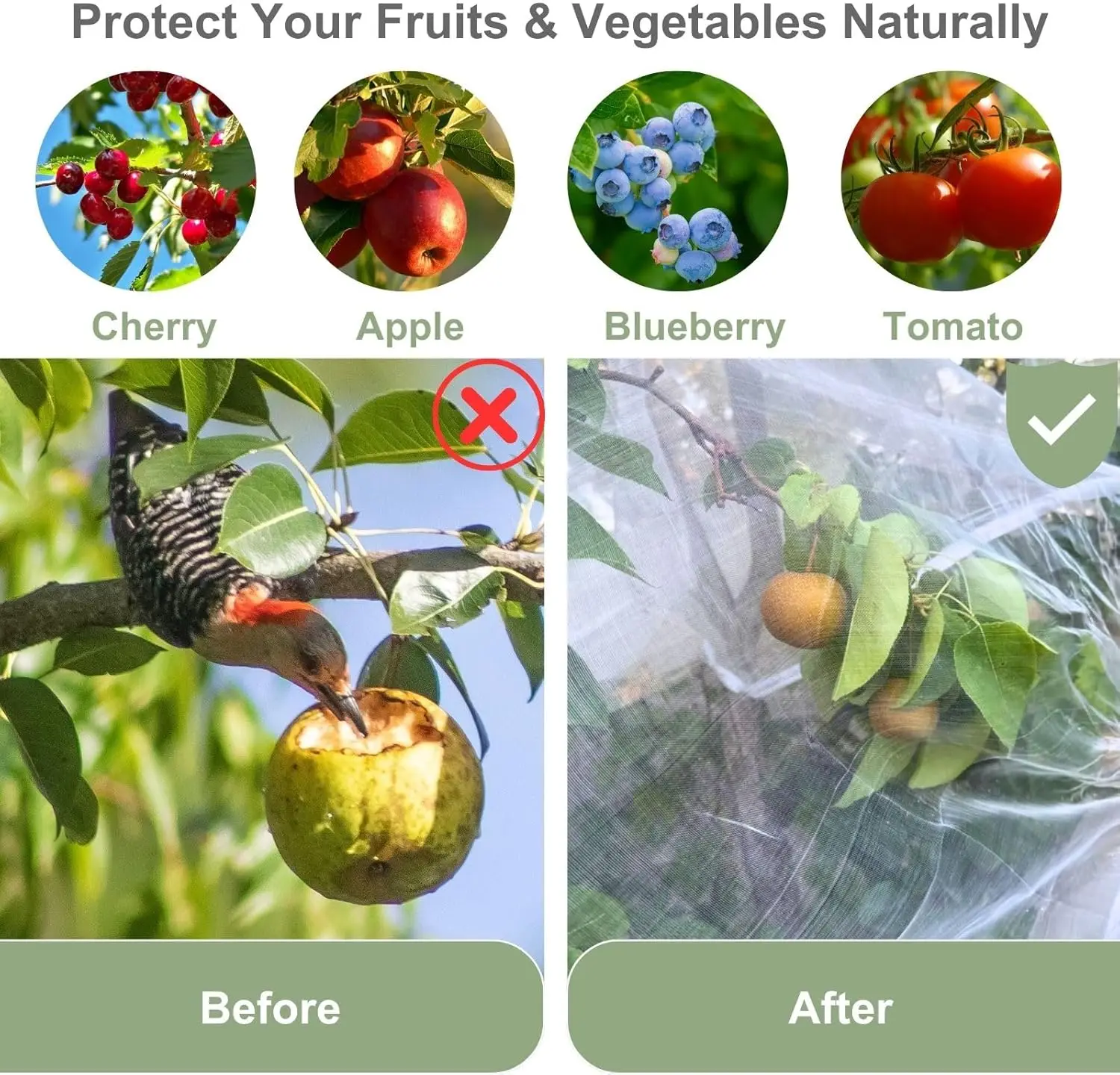 شبكة حديقة بطول 15 قدم × 15 قدم مع سحاب ورباط، حاجز طيور الحشرات لحماية شجرة الفاكهة #6