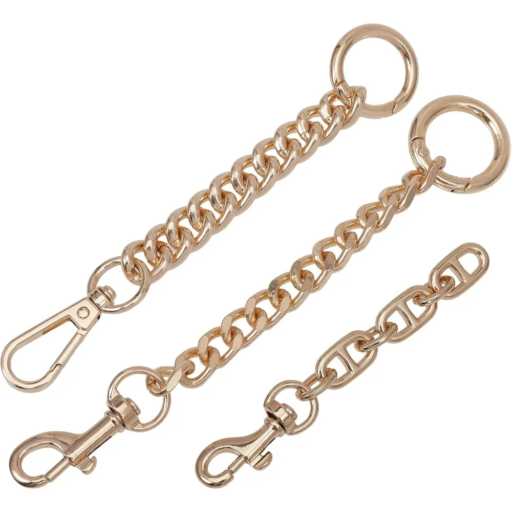 3Pcs 3Styles Alloy Link Chain Bag Purse Strap Extender with Swivel Clasps for Purse Clutch Bag Replacement Accessoies Golden