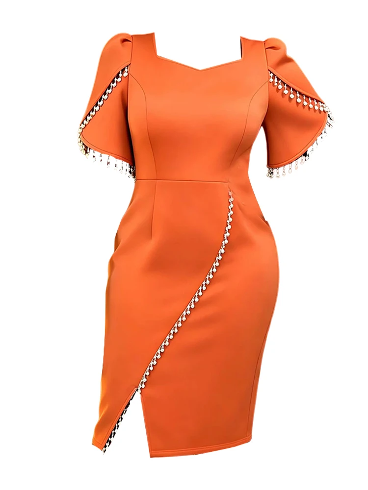 Elegant African Large Size Women's Dress Fashionable Pearl Split Square Collar One Step Skirt High Waist Short Sleeve Bodycon