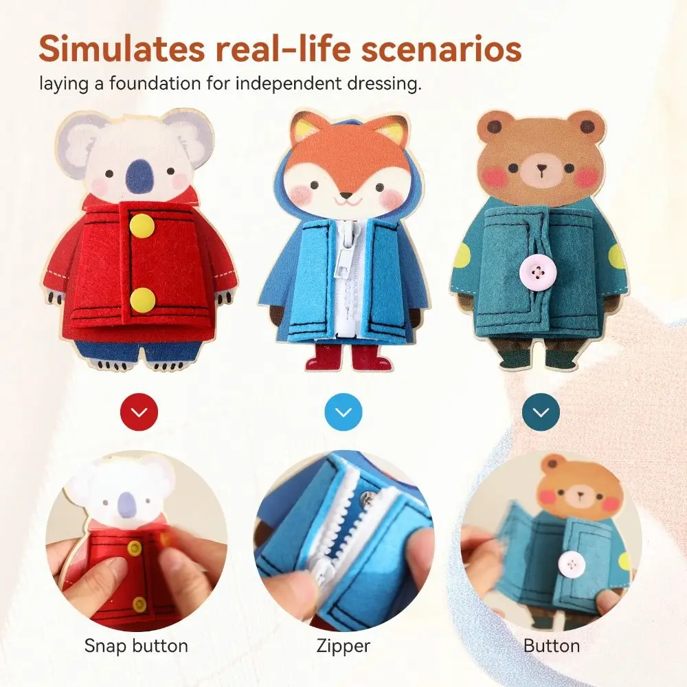 Usando roupas crianças montessori brinquedo cognitivo aprendizagem botão zíper educação precoce brinquedo mão-olho coordenação animal ocupado placa