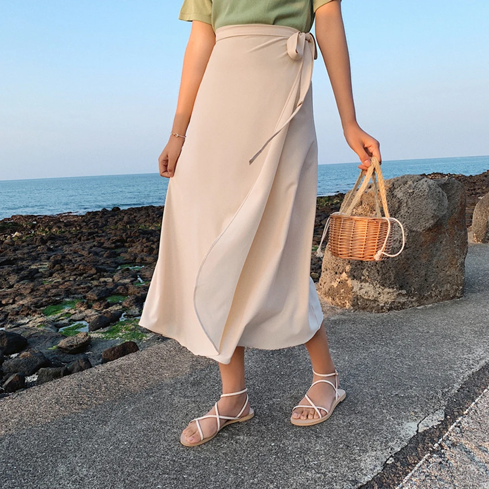 

Elegant Long Skirts Women S-XL Blue Red Pink Green Split Bow Tie Tied Short Skirt High Waist Fashion Beach Female Skirt Girl