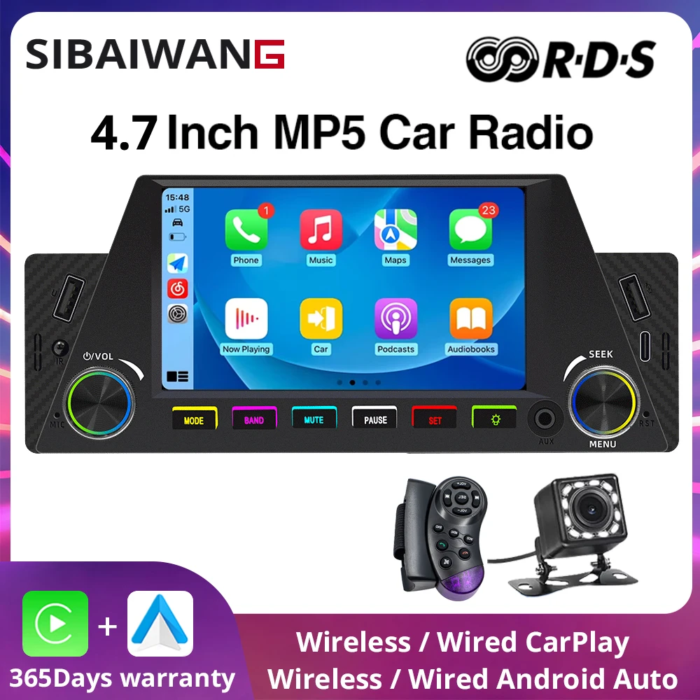 1Din Wireless Carplay Android Auto Mirror Link Car Radio 4.7Inch Universal MP5 Bluetooth Type-c RDS FM AM USB Stereo Audio