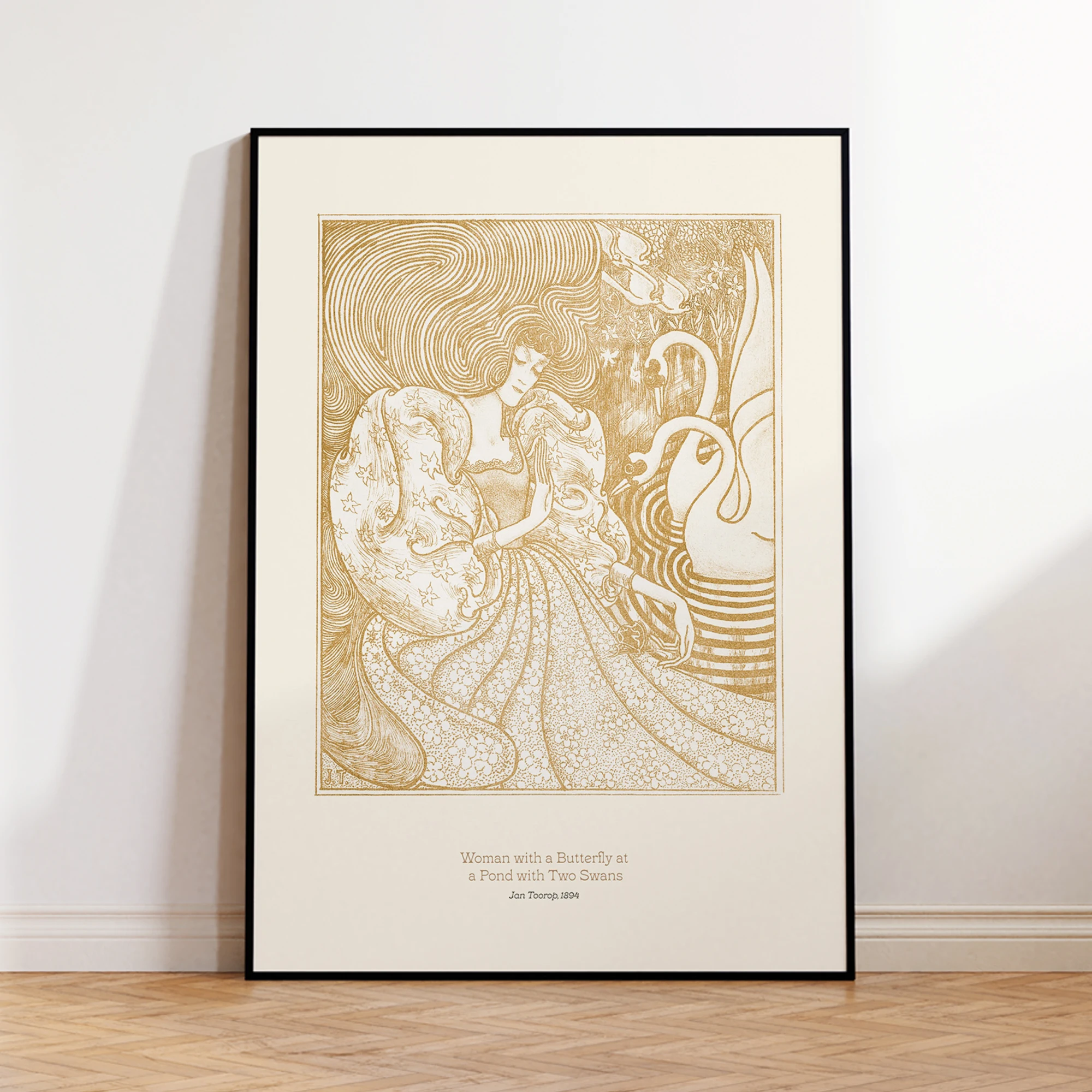 Retro Woman With A Butterfly At A Pond With Two Swans Wall Art Print Canvas Painting Poster Picture For Living Room Home Decor