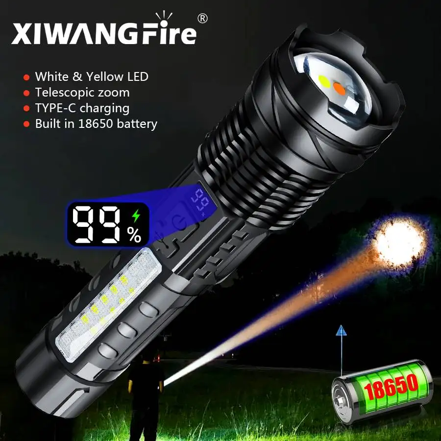 

Улучшенный двойной фонарик XIWANGFIRE A76, фонарик с белыми желтыми бусинами, USB Перезаряжаемый фонарик с 10 регулируемыми режимами