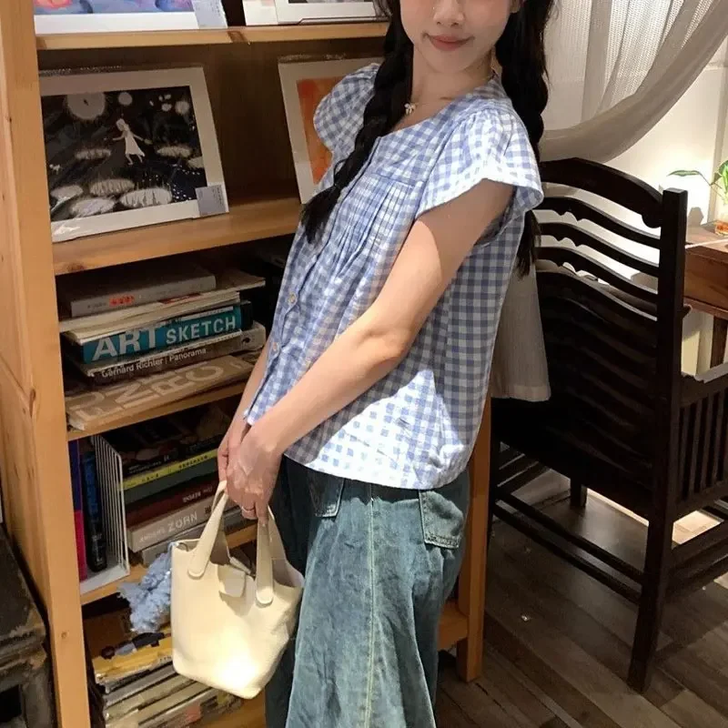 

Sweet Blue Plaid Loose Blouse Summer Fashion Flying Sleeve Female Clothing Round Neck Casual Single-breasted Korean Basic Shirts