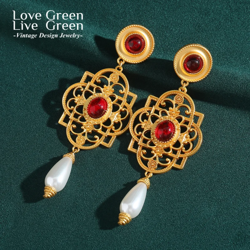 

Vintage Red Glaze Drop Earring Palace Long Drop Pearl Gold Color Woman Accessories Jewelry Chinese Style Thanksgiving 2025 Trend