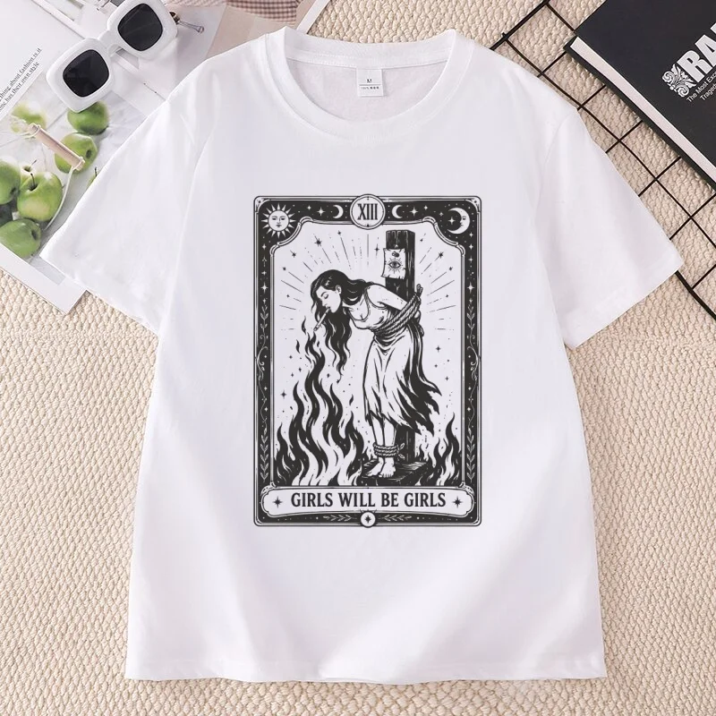 Girls Will Be Girls Witch T Shirt Women's Rights Tshirt Feminist Halloween T-Shirt Casaul Cotton Round Neck Printed Tees