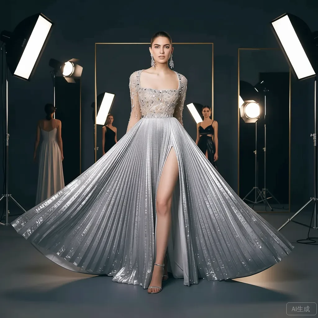 

Silver Metallic Evening‑Gown Skirt High‑Waist A‑Line Pleated Long Skirts Lace‑Trim 2026 New Arrival Trending Best‑Seller