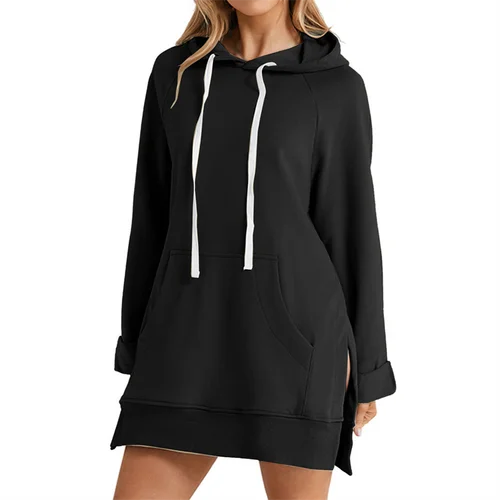 Imagen 1 del producto Vestido con capucha para mujer, dobladillo con abertura, cordón, suelto con bolsillo grande, jersey con capucha, Top de longitud media, sudadera deportiva para citas y desplazamientosCYXX385