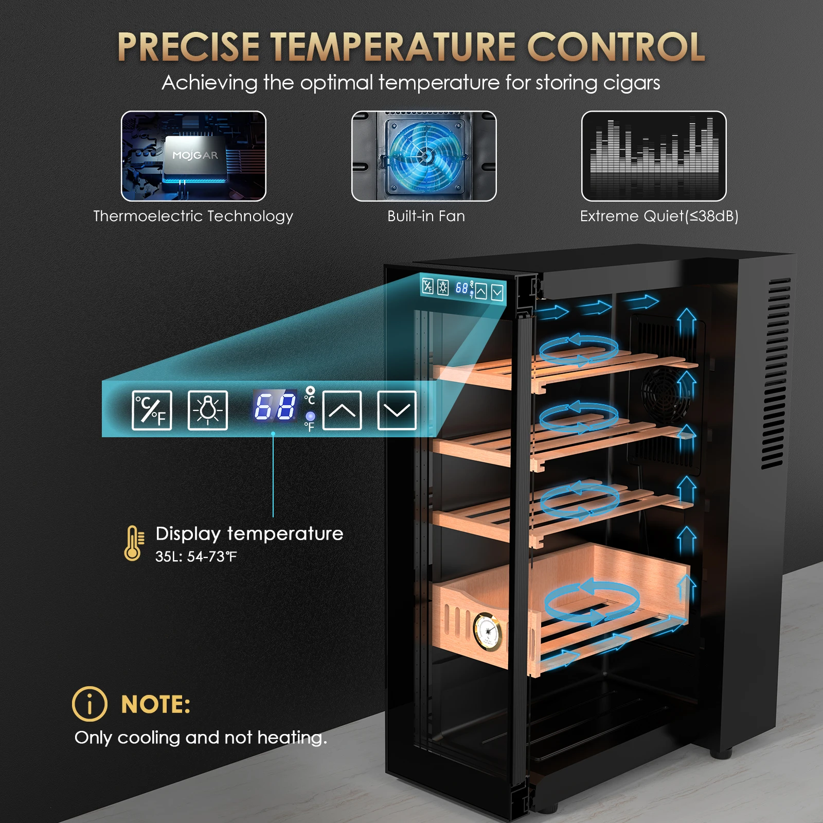 Imagem -03 - Electric Temperature Cooler Gabinete com Prateleiras de Madeira de Cedro Espanhol Humidor e Higrômetro Camadas 250 Contagens 35l