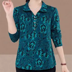 High-end Middle-aged and Elderly Women Lapel Floral Shirts Versatile Slimming Bottoming Tops