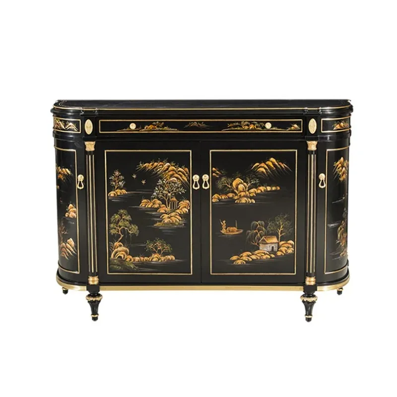 Black Classical Painted Storage European Solid Wood Sideboard Hallway Foyer Decorative Cabinet