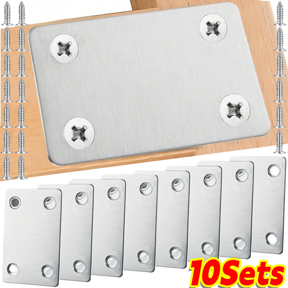 Venta al por mayor de placas de reparación planas de acero inoxidable, soporte recto de esquina de fijación de 4 orificios con tornillos, soporte de reparación de muebles