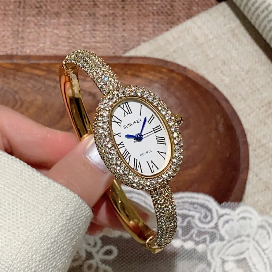 Sunlifex كامل الماس ووتش المرأة الفضة اليد الإسورة سوار ساعات الكوارتز السيدات ساعة اليد Relogio Feminino Saati