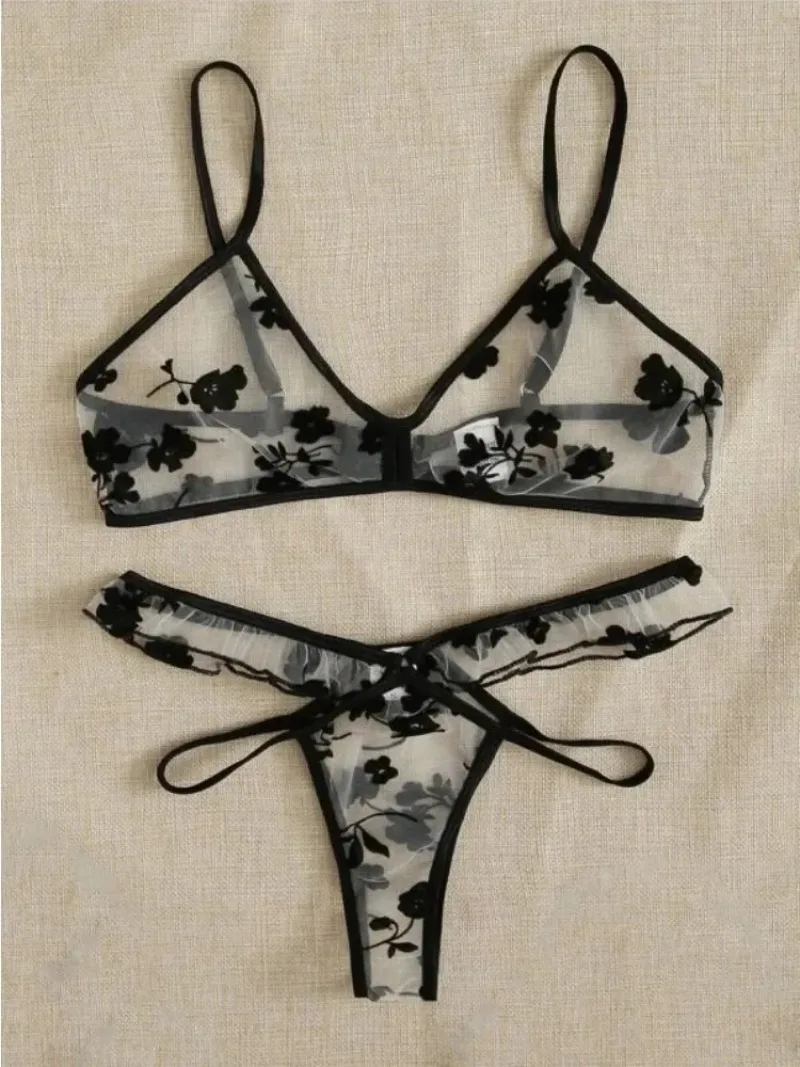 Conjunto de Sujetador de encaje para mujer, lencería Sexy transparente, ropa interior con tirantes finos, traje con estampado Floral, Bralettes elegantes, Корistarт Ж misce, verano 2025