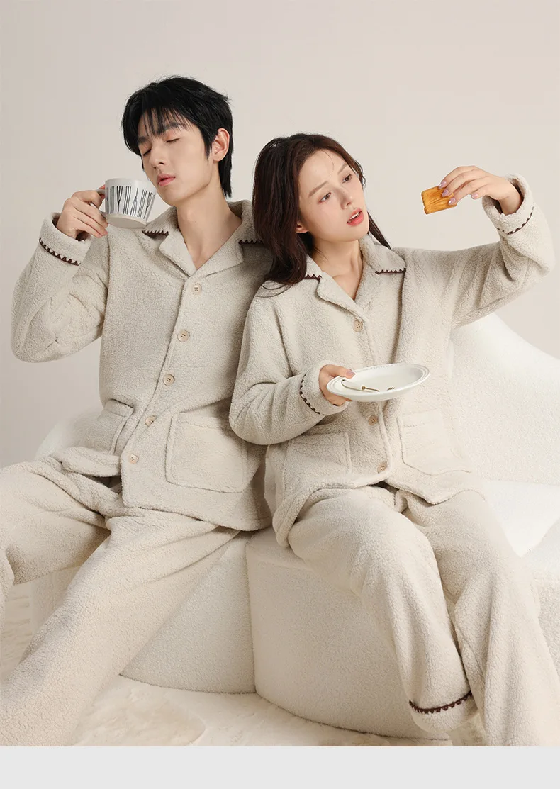 Couple Autumn Winter Coral Fleece Thick Pajamas 2 Pcs Shirt&pant Home Wear Lapel Warm Sleepwear Flannel Thicken Home Clothes