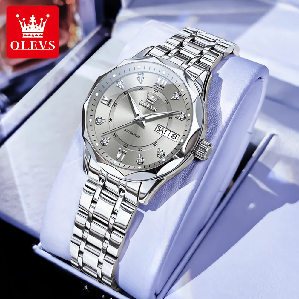 OLEVS 6727, женские часы, элегантные модные оригинальные автоматические механические часы для женщин, серый циферблат с двойной шкалой, водонепроницаемая дата