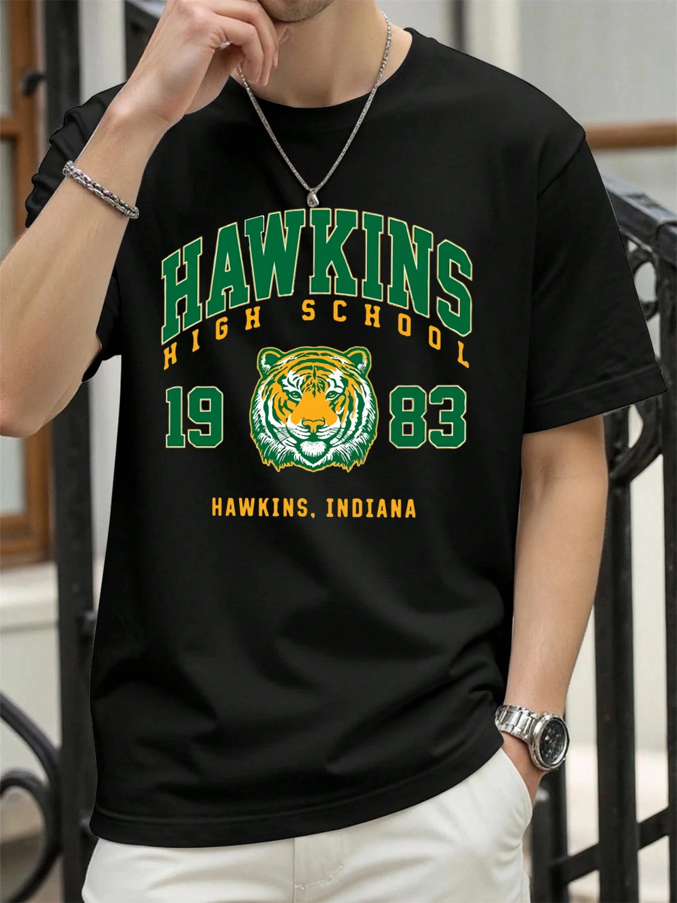 Hawkins 1983 Mighty Tiger Prints Herren-T-Shirts, passendes Baumwoll-T-Shirt, lockere Sommerkleidung, übergroße Sportbekleidung mit Rundhalsausschnitt