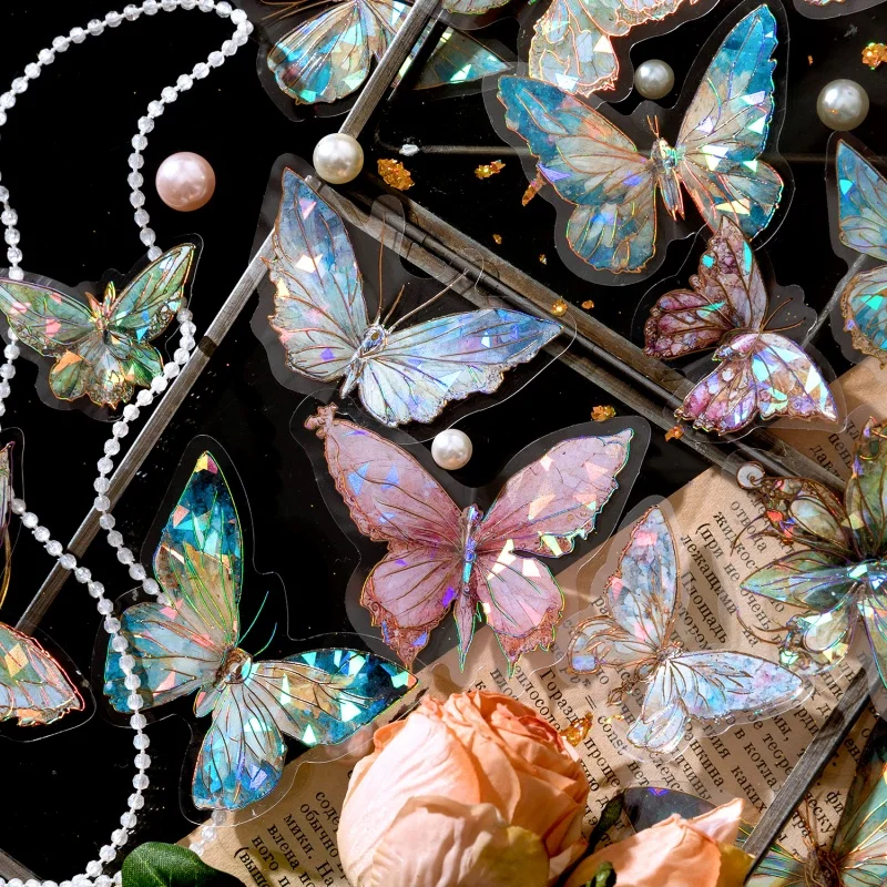 20Pcs INS Butterfly PET Sticker Pack Ice Crystal Laser Gold DIY Handbook Decoration 3D Scrapbook Collage