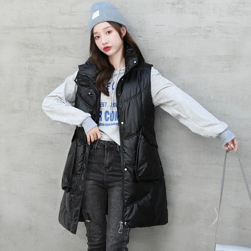 2024 White New Women\'s Vest Fashion Winter Puffer Stand Collar Padded Long Jacket Coat Sleeveles Female Waistcoat Chic Clothes