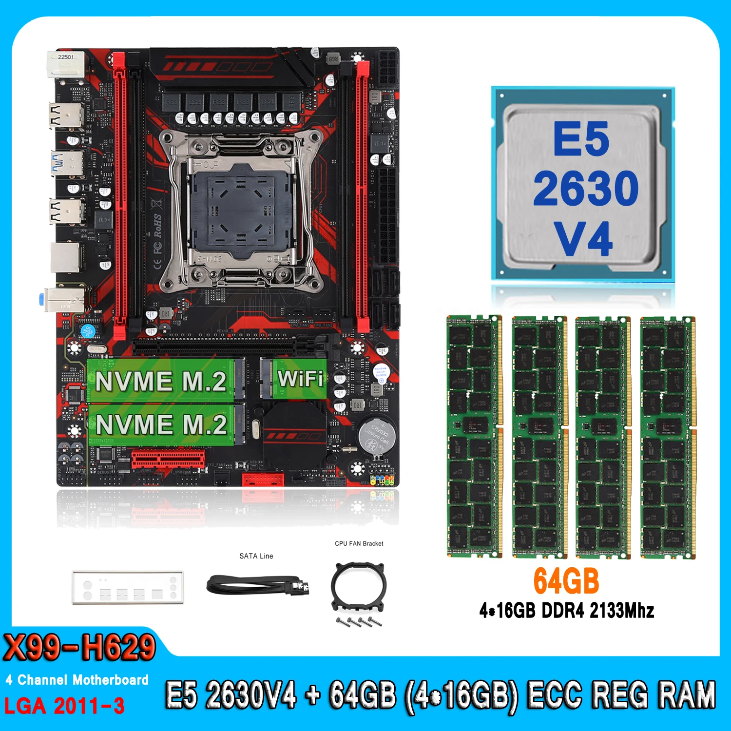 X99 Kit Motherboard LGA2011-3 Set with E5 2630V4 Processor 64GB(4*16GB) DDR4 ECC Memory M-ATX E5 2630V4 Four Channel Motherboard