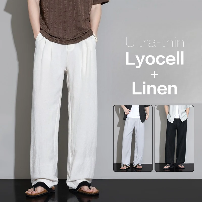 Hochwertige 2026 Neue Sommer-Herrenhose aus Lyocell-Leinen, locker geschnitten, gerade, weites Bein, atmungsaktiv, dünn, Freizeithose für Herren, M-4XL