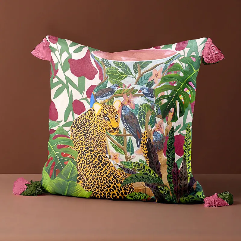 Velvet Jungle Leopard Pillow Cover 45x45cm Tropical Bird Plant Print Cushion Cover with Tassels Decorative Throw Pillow Case