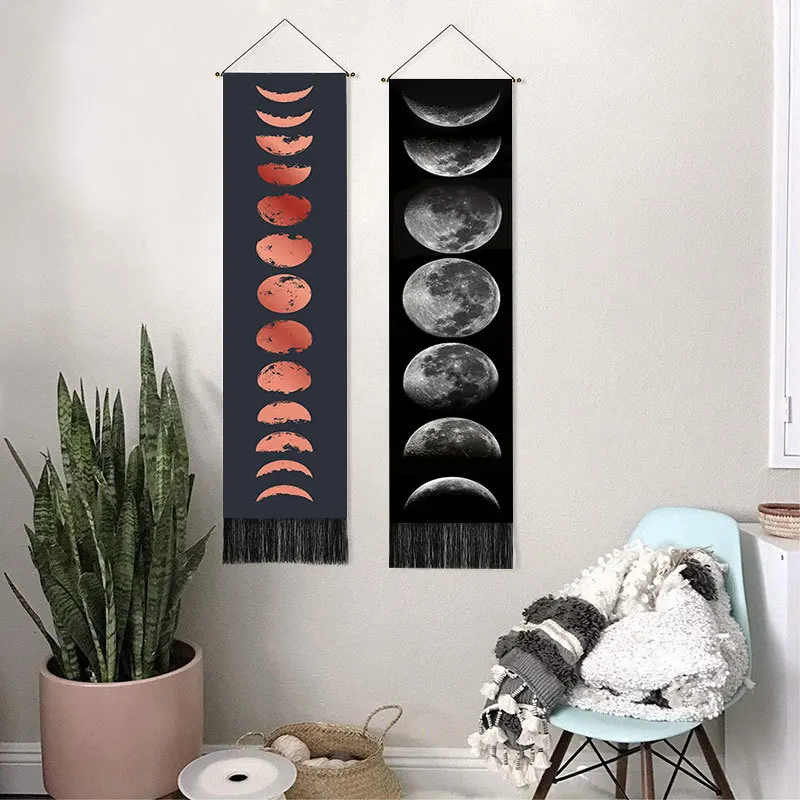 Lunar Moon Phase Wall Hanging Tapestry with Tassels, Celestial Boho Witchy Moon Cycle Wall Art for Home Bedroom Decor