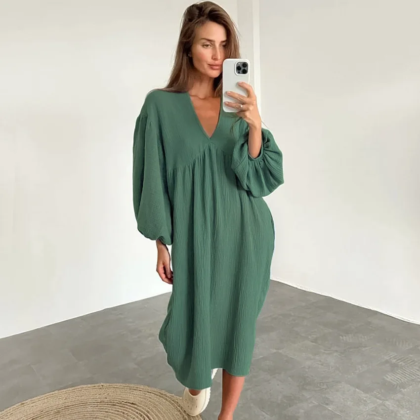 Cotton Solid Women\'s Home Pajamas Set 2023 New Loose V-Neck Long-Sleeve Nightdress Soft Breathable Simple Lady Nightgowns Autumn