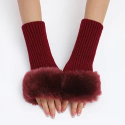 Winter Solid Color Faux Fur Gloves Arm Sleeve Cover Hand Warmer Lady Knitting Fingerless Wrist Gloves Half Finger Gloves Mittens