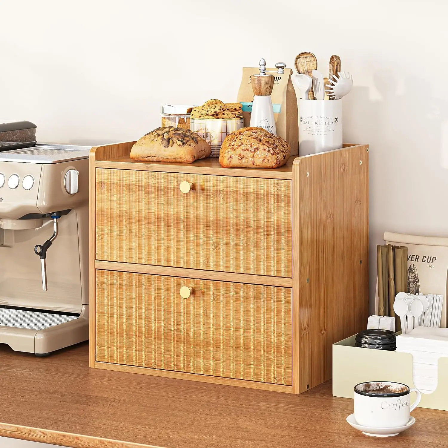 Double Layer Bamboo Bread Box with Magnetic Door, Large Capacity Kitchen Storage Organizer for Fresh Food