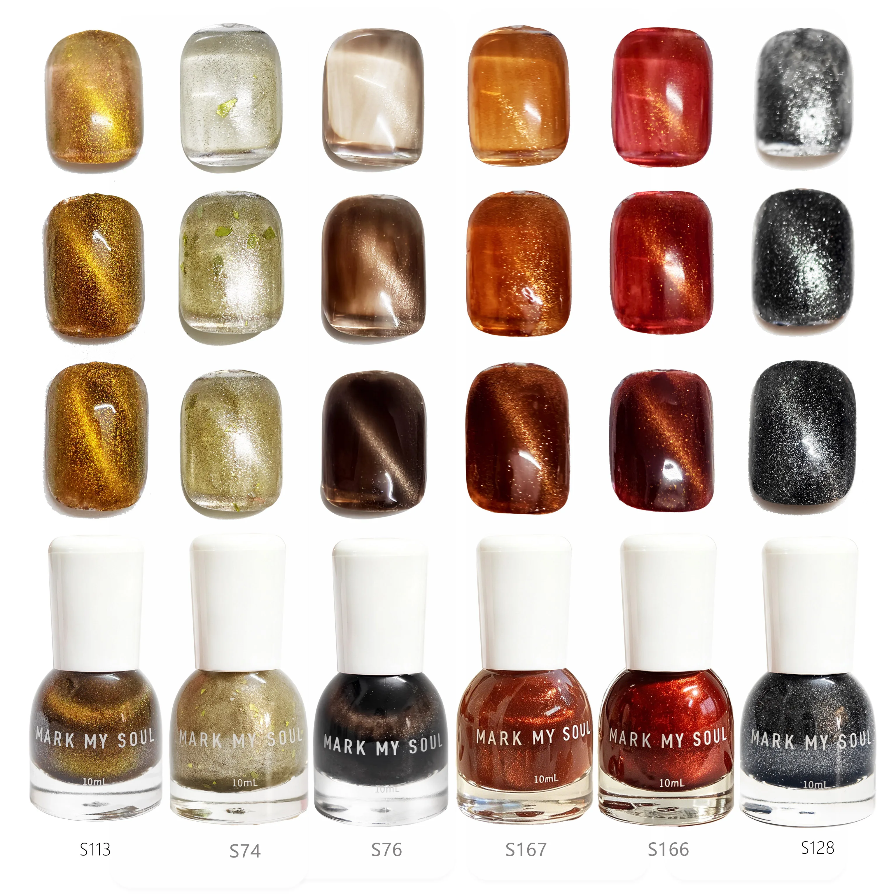 6Pcs Black  Silver Edgy Gold  flake Cat Eye Nail Polish Set, MARK MY SOUL No  lamp Needed Magnetic Nail Polish S113/S74/S76/S167