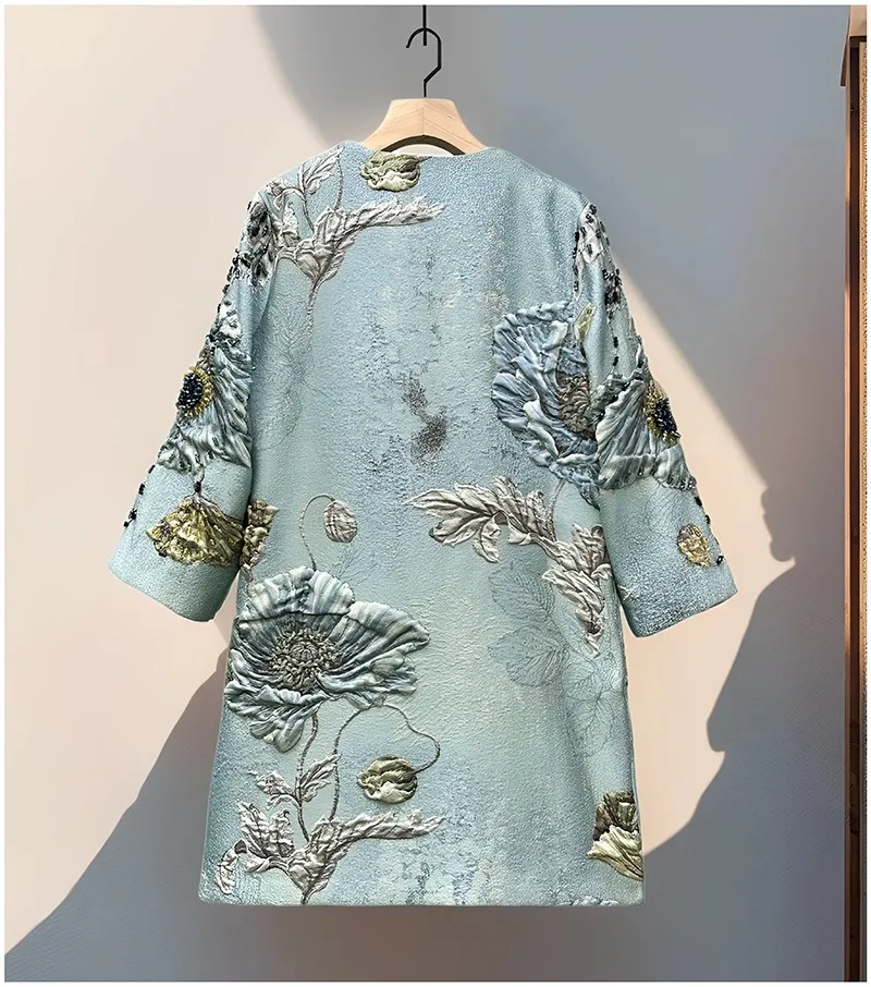 3XL 2XL Long Coat Outerwear 2025 Autumn Winter Style Women Hand Made Beading Embroidery Patterns Covered Button Long Blue Coats