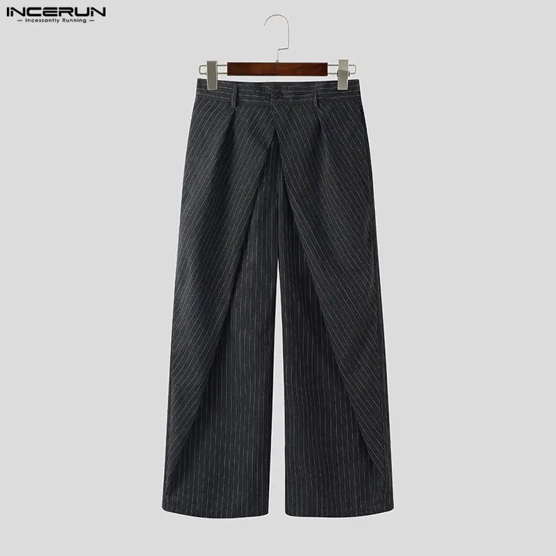 

INCERUN мужские брюки нестандартной формы, полосатые брюки на пуговицах, свободные повседневные широкие брюки, мужская уличная одежда, модные мужские длинные брюки для отдыха