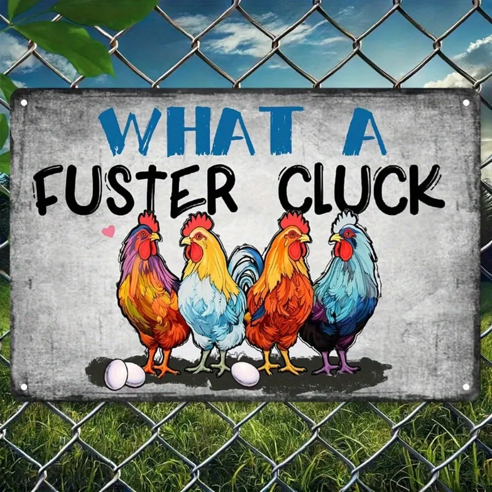علامة الديك What a Fuster Cluck - ديكور حائط معدني ريفي مقاس 8 × 12 بوصة مع تصميم الديك الملون والفرخ، بيت المزرعة العتيق