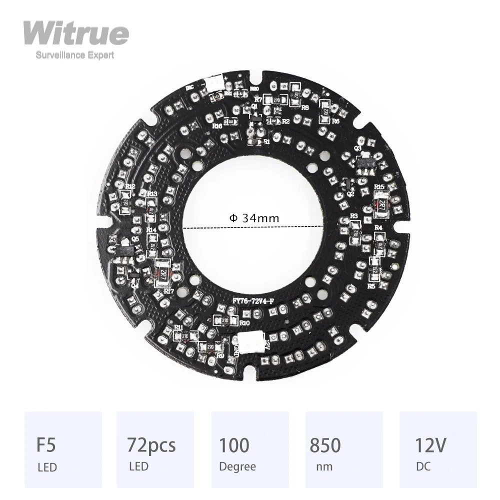 Witrue Infrarossi IR 72 pz LED 850nm 100 Gradi Vestito per.8mm 3.6mm 4mm Obiettivo DC12V CCTV Accessori per Telecamere di Sicurezza