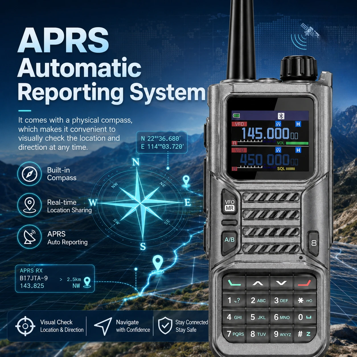 Baofeng UV-9RPLUS Walkie Talkie with GPS APRS Air Band Bluetooth APP Programming Type-C Man down Alarm Compass NOAA Weather Chan