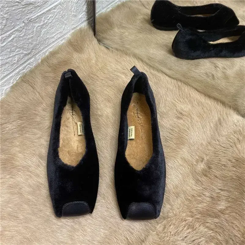 Chic Splicing Square Toe Mules Shoes for Women Velvet Furry Flats 2022 Spring Fall Slip on Designer Fashion Loafers White Black