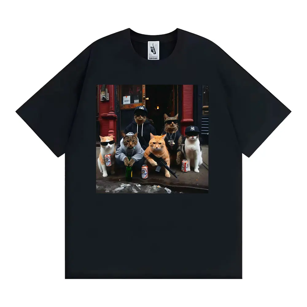 

Винтажные футболки с забавными кошками и пистолетами с городским юмористическим рисунком, мужская и женская одежда, крутые футболки большого размера с короткими рукавами High Street