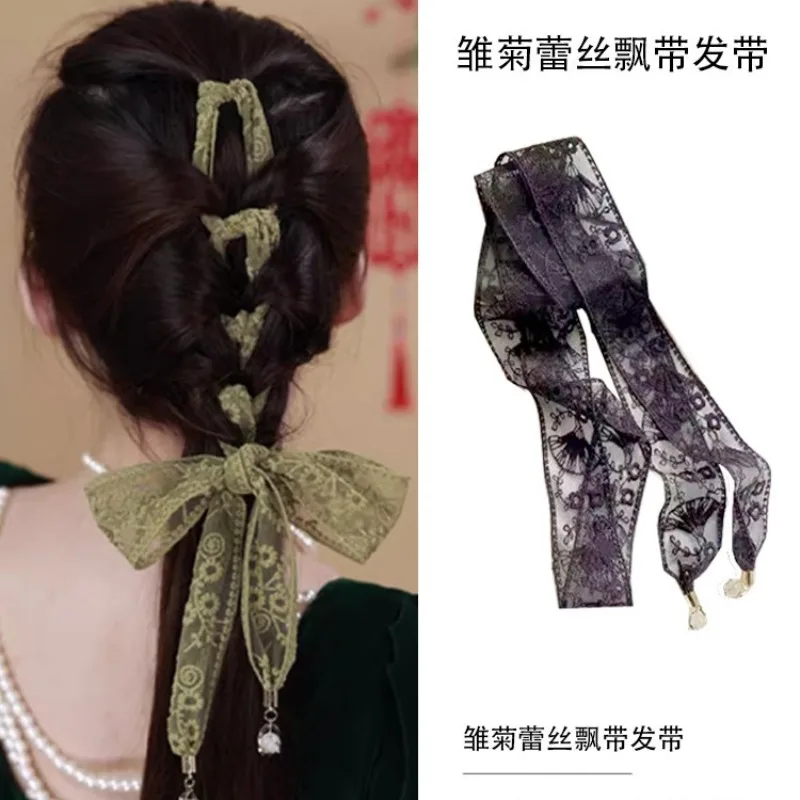 

Flower Lace Ribbon Hair Scarf Transparent Dressing Decoration Braids Headband Neckerchief Korean Style Long Neck Scarves Beach