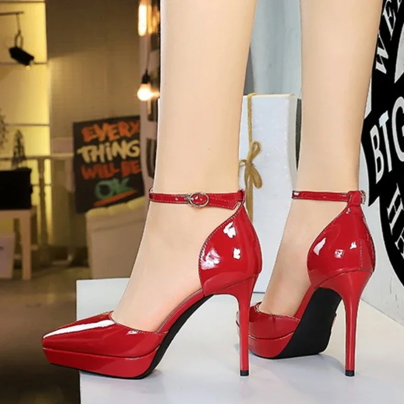 Sexy Red High Heels 10.5cm Women Shoes Thin Heels Hollow Sandals Straight Strap Ladies Pumps Pointed Head Stiletto Banquet Shoes